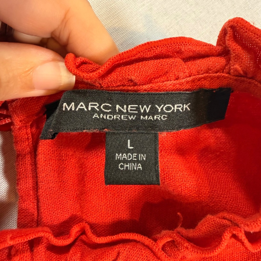 Marc New York Top Womens L Red Ruffle Sleeve Linen Blend Parisian Chic - Picture 5 of 7